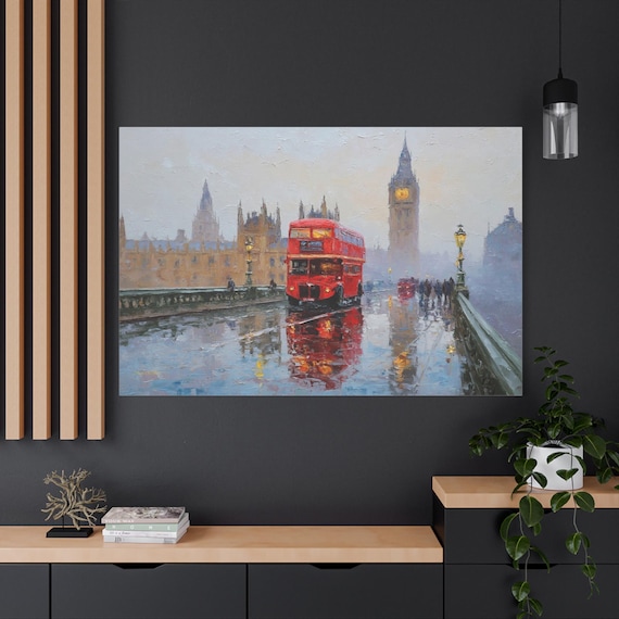 London Cityscape Canvas Print - Red Double Decker Bus Art - Big Ben Wall Art - Foggy Street Impasto Print - Romantic England Decor