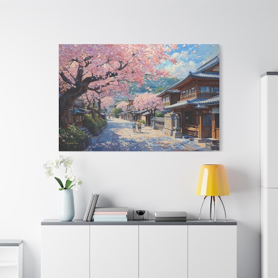 Kyoto Street in Spring Canvas Print - Wide Japanese Landscape Art -Falling Cherry Blossoms, Impasto Style Sakura Decor, Living Room Wall Art