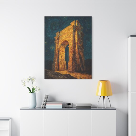 Starry Night Arch Canvas Print - Golden Architecture Wall Art - Dark Academia Decor - Impasto Night Sky Print - Magical Realism Art