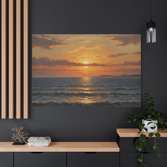 Ocean Sunset Canvas Print - Impasto Seascape Print - Coastal Wall Art - Beach House Decor - Warm Sunset Print - Textured Look Art