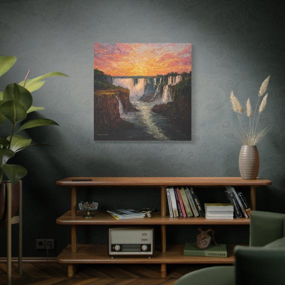 Sunset Waterfall Landscape Canvas | Matte Stretched Canvas