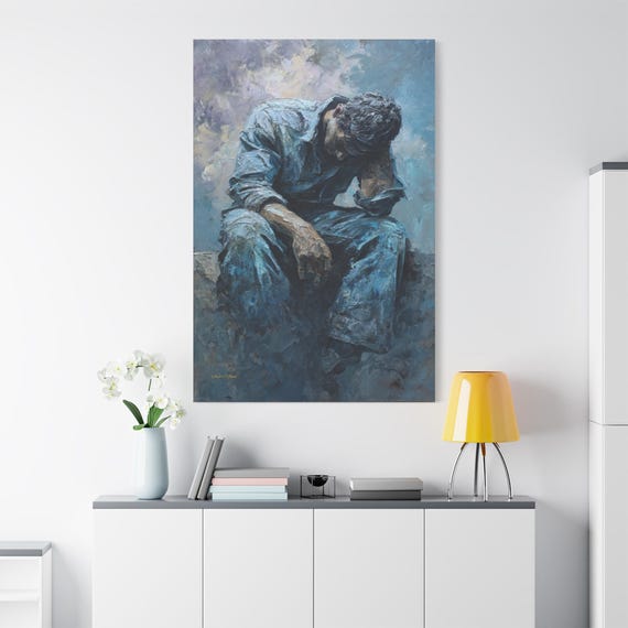 The Weight of Thought Canvas Print - Emotional Man Portrait - Impasto Style Blue Denim Art - Mental Health Awareness Decor - Moody Wall Art