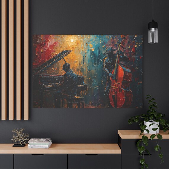 Jazz Night Canvas Artwork, Stretched Wall Art, Piano and Bass Painting, Home Decor, Music Lover Gift