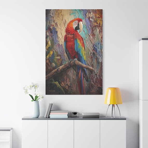 Scarlet Macaw Canvas Print - Colorful Tropical Bird Art - Impasto Parrot Print - Maximalist Wall Decor - Abstract Animal Canvas Art