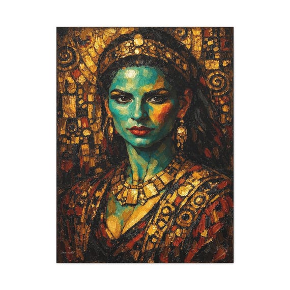Teal and Gold Female Portrait Canvas - Maximalist Wall Art - Klimt Inspired Mosaic Print - Surreal Goddess Decor - Impasto Woman Canvas