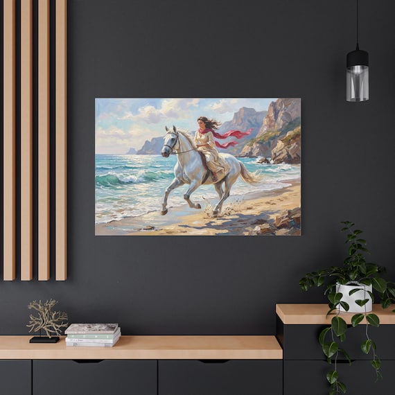 White Horse Beach Canvas Print - Coastal Equestrian Wall Art - Woman Riding Horse Impasto Print - Romantic Ocean Decor - Free Spirit Art