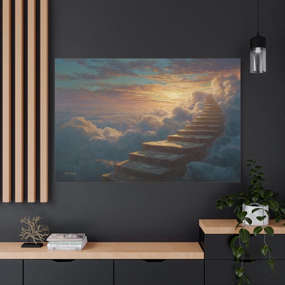 Ethereal Cloud Canvas Print - Stairway to Heaven Wall Art - Spiritual Landscape Canvas - Impasto Sky Decor - Surreal Dreamscape Art