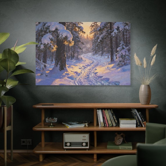 Frozen Forest Path,  Forest Path Matte Canvas, Winter landscape Art, Rustic Home Decor, Country Living Art, Snowy Forest.