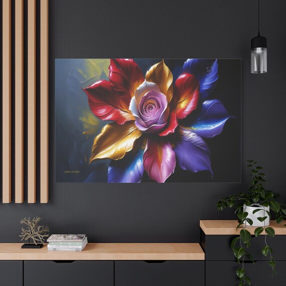 Colorful Abstract Flower Canvas - Impasto Floral Wall Art - Vibrant Rose Print - Maximalist Room Decor - 3D Look Botanical - Moody Floral