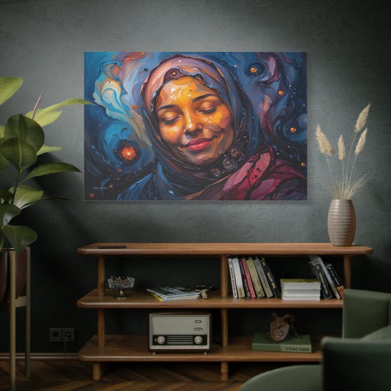 Cosmic Serenity, Serene Hijab Portrait Matte Canvas Print, Cosmic Portrait, Abstract Celestial, Female Empowerment, Unique Wall Decor.