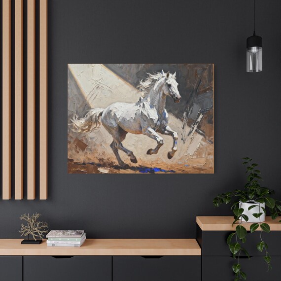Canvas Print, White Stallion Art, Horse Lover Decor, Animal Wall Art, Equestrian Home Decor, Matte Stretched Painting, 1 25 inch, Gift for