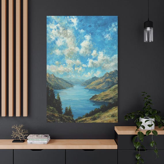Mountain Serenity, Scenic Landscape Wall Art Canvas, Blue Sky Art, Nature Decor, Gift for Housewarming, Living Room Wall Decor.