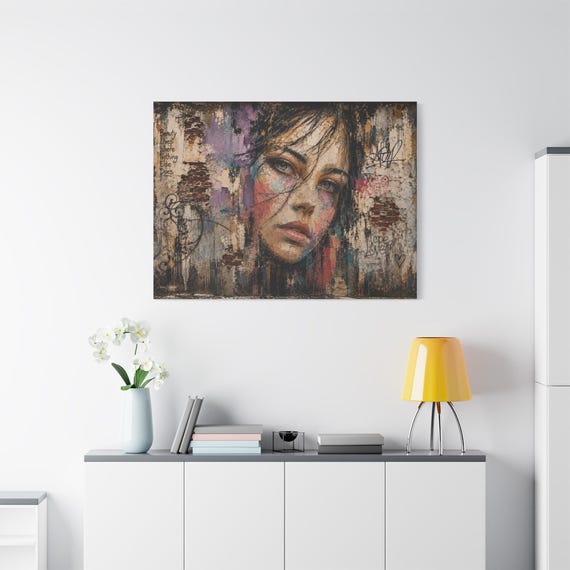 Urban Street Art Canvas Print - Edgy Female Portrait Wall Art - Grunge Graffiti Mural Canvas - Industrial Loft Decor - Modern City Art