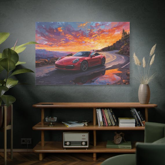 Sunset Redline, Red Sports Car Sunset Canvas | Matte Stretched Canvas