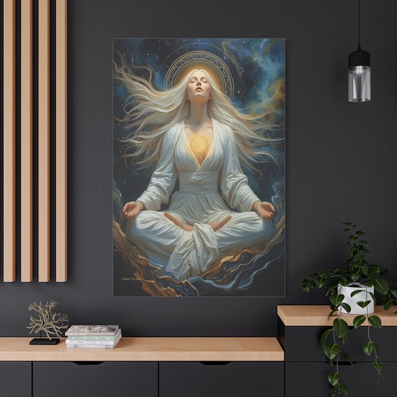 Zen Meditation Canvas - Cosmic Spiritual Wall Art - Lotus Pose Print - Divine Feminine Print - Blue and Gold Celestial Decor - Reiki Art