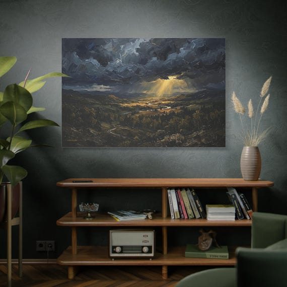 Moody Landscape Canvas Print - Stormy Sky Canvas - Sunbeam Breaking Through Clouds - Dark Academia Decor - Impasto Valley Art - Dramatic
