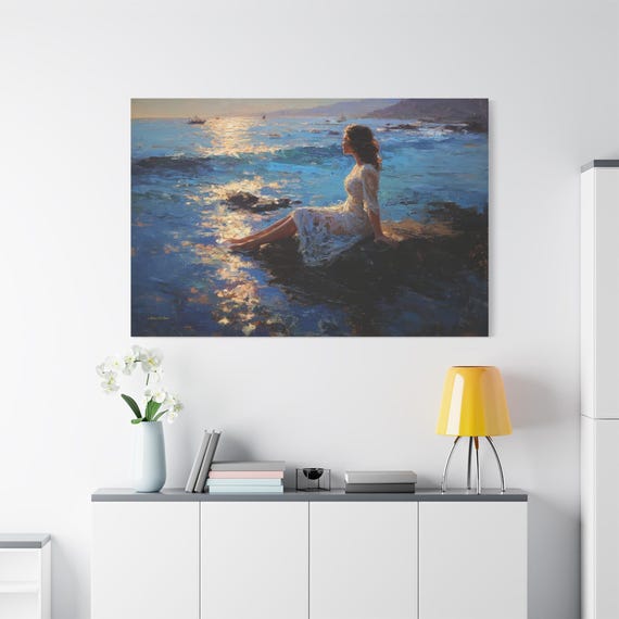 Woman by the Sea Canvas Print - Impasto Ocean Print - Romantic Coastal Decor - Lady in White Dress Art - Sunset Seascape Wall Art - Blue
