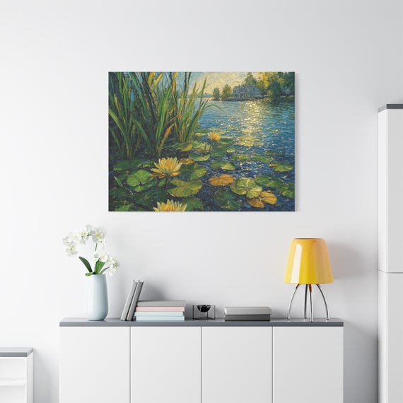 Water Lily Canvas Print - Impasto Lakehouse Wall Art - Cottagecore Botanical Decor - Shimmering Lake Landscape - Monet Style Floral Art