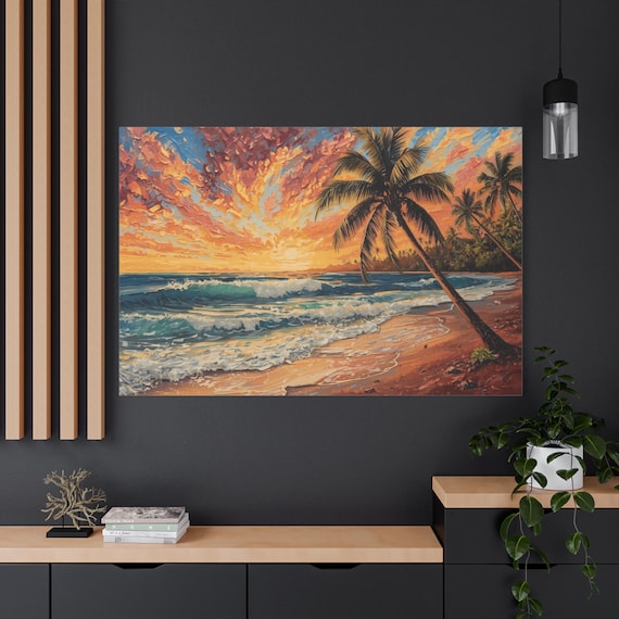 Purple & Gold Sunset Beach Canvas Print - Tropical Ocean Wall Art - Impasto Style Palm Tree- Coastal Living Room Decor - Relaxing Seascape