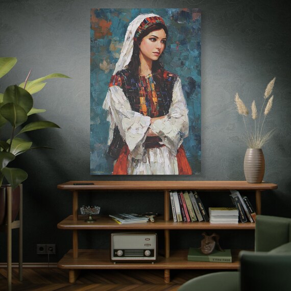 Palestinian Echoes of Heritage. Artistic Stretched Canvas Wall Art, Elegant Portrait Decor, Unique Home Decor, Gift for Art Lovers.