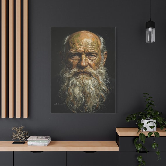 Expressive Old Man Portrait Canvas Print - Dark Academia Wall Art - Impasto Character Print - Moody Face Decor - Renaissance Style Art