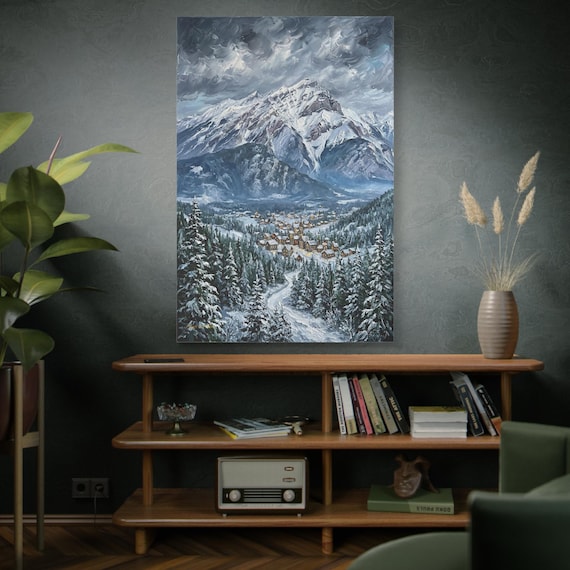 Winter Mountain Village Canvas - Snowy Landscape Art - Impasto Alpine Print - Cozy Cabin Decor - Christmas Wall Art - Ski Lodge Print