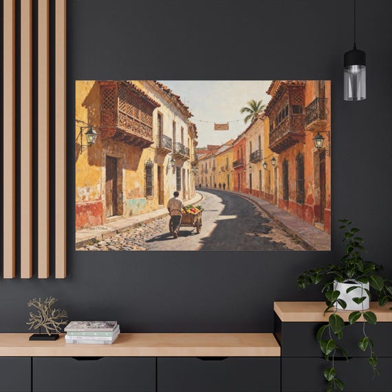 Cartagena Street Canvas Art – Colonial Architecture, Produce Vendor Scene, Caribbean Decor