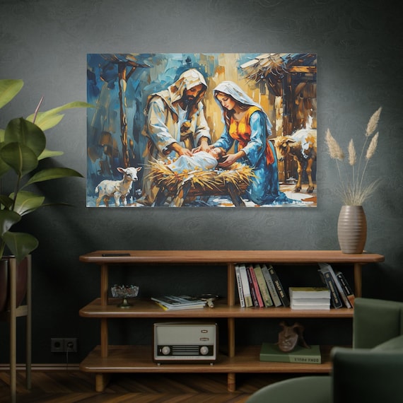 A Humble Shelter's Warmth, Nativity Scene Manger Painting Canvas Print, Holy Family Print, Rustic Christmas, Nativity Canvas, Religious Art.