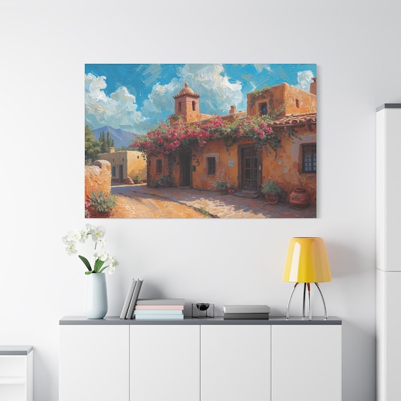 Sierra Beyond the Pueblo, Canvas Wall Art, Coastal Home Decor, Mediterranean Landscape, Living Room Accent, Gift for Art Lovers