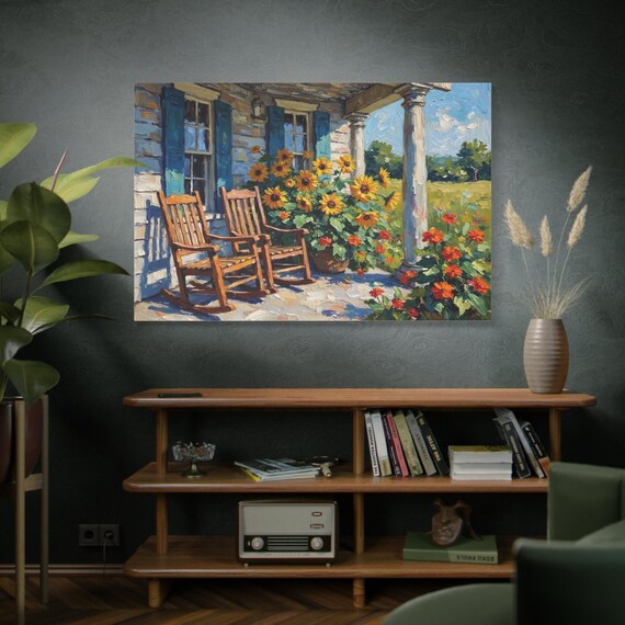 Country Porch Canvas Print - Sunflower Farmhouse Wall Art - Rocking Chair Print - Rustic Southern Charm Decor - Impasto Floral Landscape