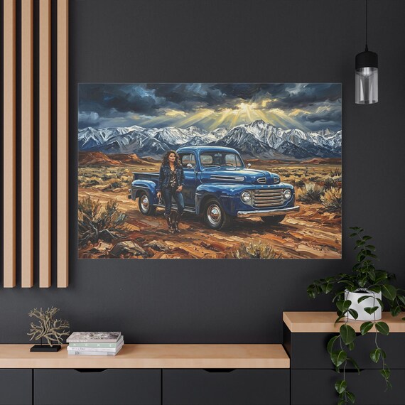 Vintage Blue Truck Western Landscape Canvas – Impasto Desert Art Print