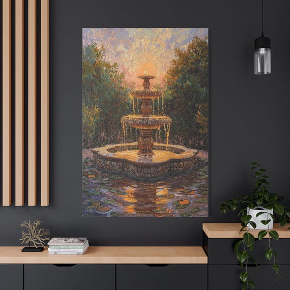 Golden Hour Fountain Canvas - Garden Water Feature Art - Sunset Print - Serene Courtyard Decor - Spa Bathroom Wall Art - Relaxing Print