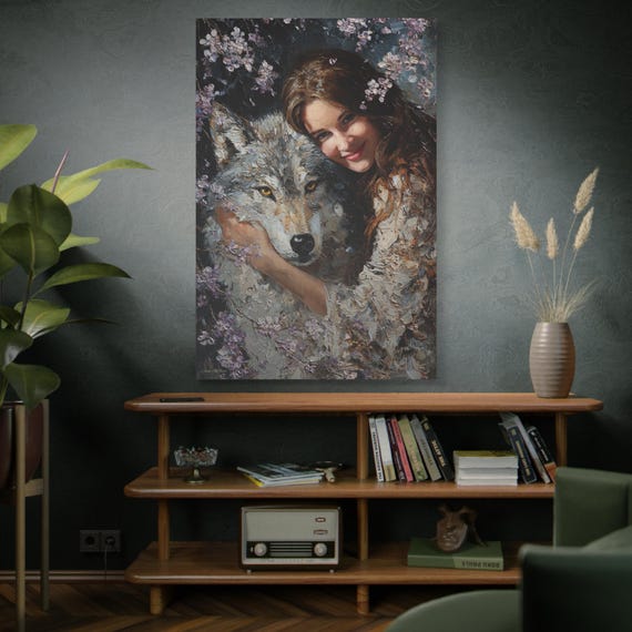 Wolf and Girl Impasto Canvas Print, Wildlife Fantasy Art