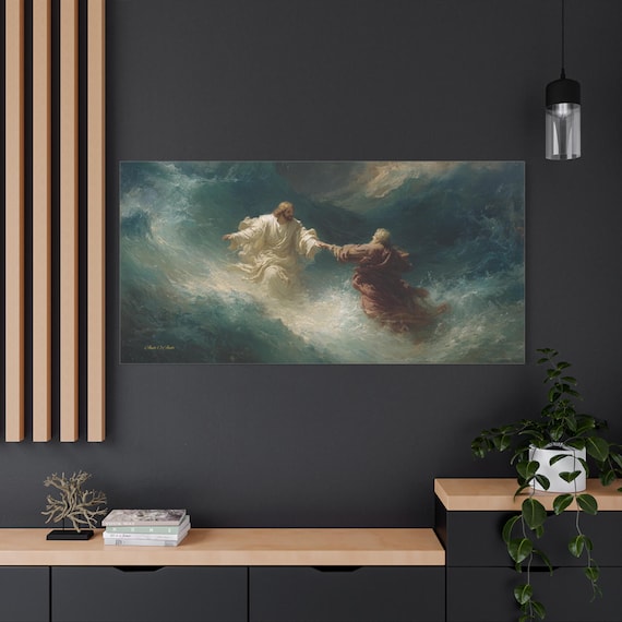 Jesus Saving Peter Canvas Print - Walking on Water Art - Biblical Storm Print - Christian Wall Decor - Religious Seascape - Faith Art