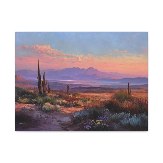 Desert Sunset Canvas Print - Pastel Southwestern Landscape Art - Saguaro Cactus Canvas - Boho Desert Decor - Purple Mountains - Arizona Art