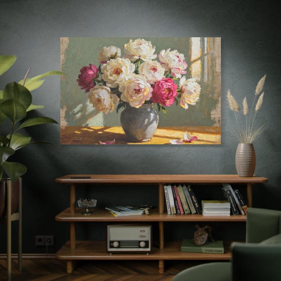 Elegant Floral Canvas Wall Art, Home Decor, Gift for Flower Lovers, Art for Living Room, Peony Artwork, Stretched Canvas Print
