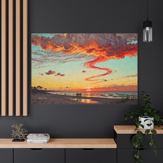 Fiery Sky Beach Canvas - Dramatic Sunset Art - Impasto Cloud Print - Teal and Orange Wall Decor - Surreal Coastal Landscape - Weather Print