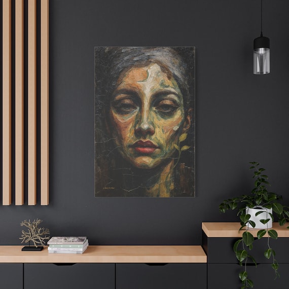 Moody Woman Portrait Canvas - Dark Academia Wall Art - Impasto Face Canvas- Earthy Botanical Decor - Red Lips Art - Textured Look Print
