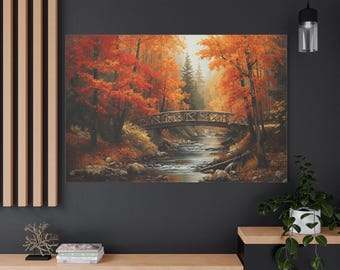 Autumn Forest Canvas Print - Rustic Bridge Wall Art - Fall Landscape Canvas - Cozy Cabin Decor - Orange Tree Art - Nature Wall Print