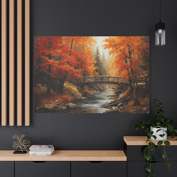 Autumn Forest Canvas Print - Rustic Bridge Wall Art - Fall Landscape Canvas - Cozy Cabin Decor - Orange Tree Art - Nature Wall Print