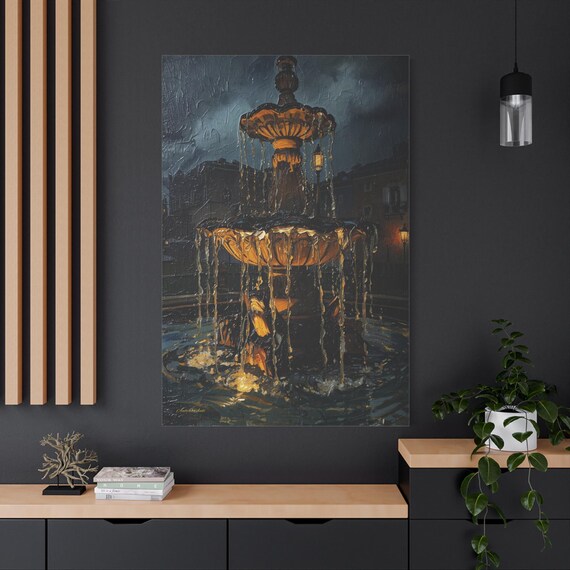 Midnight Fountain Canvas, Dark Academia Wall Art - Moody Night Print - Urban Cityscape Print - Impasto Gold and Black Decor - Romantic Scene