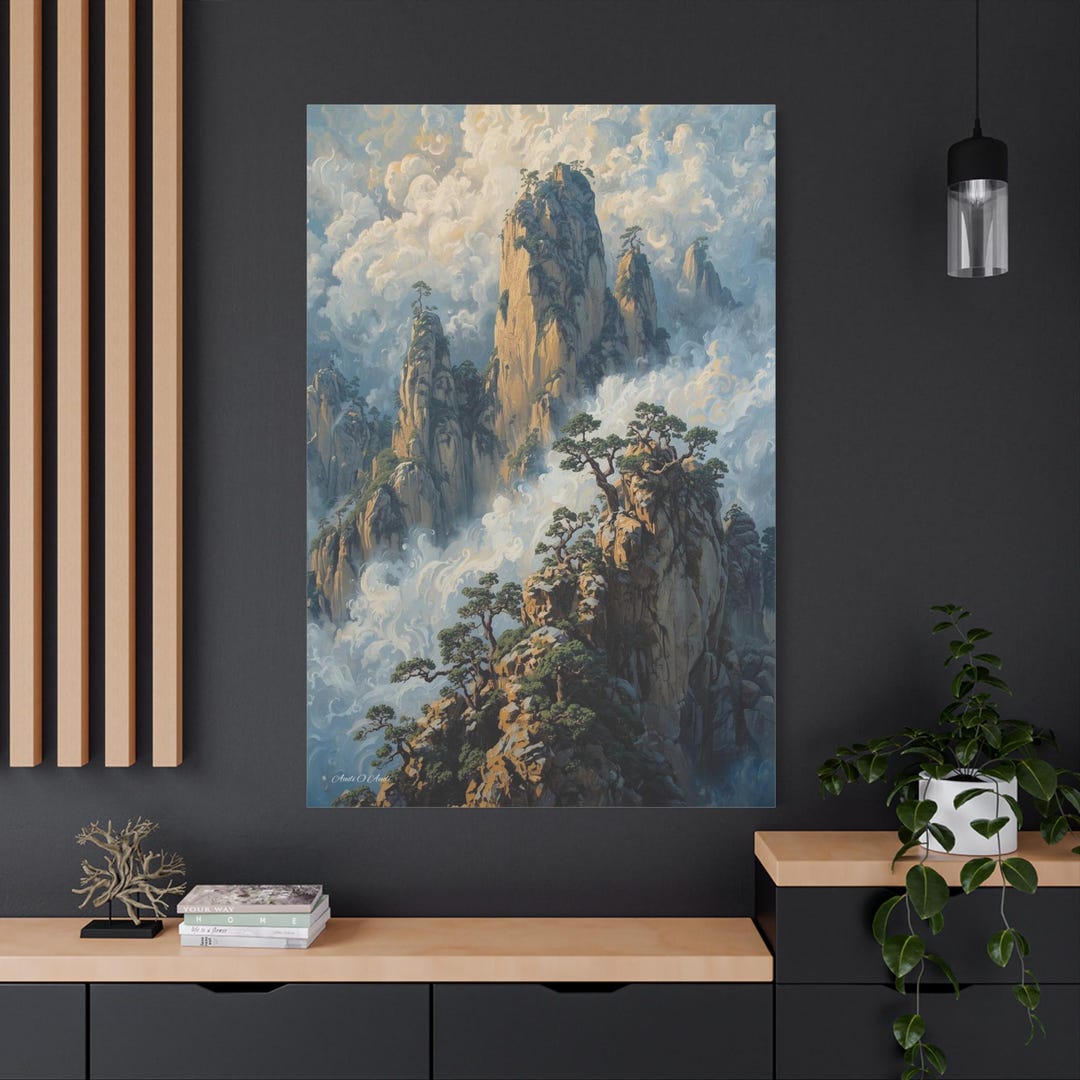 Misty Mountain Peaks Canvas - Chinese Landscape Art - Impasto Nature ...