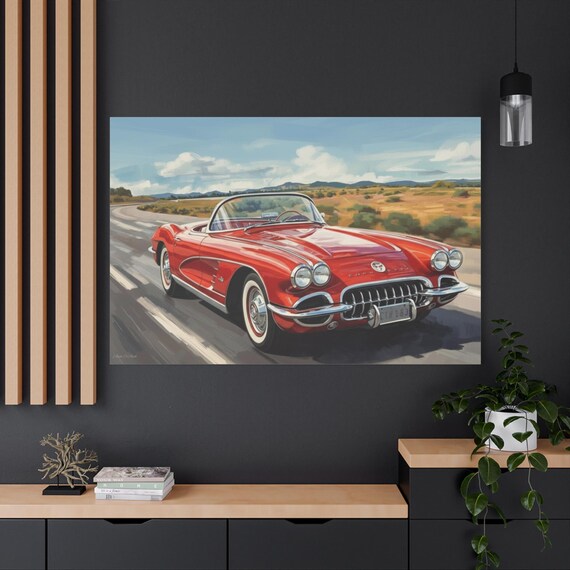 Vintage Car Canvas Art, Retro Wall Decor, Classic Corvette Print, Automobile Lover Gift, Home Decoration