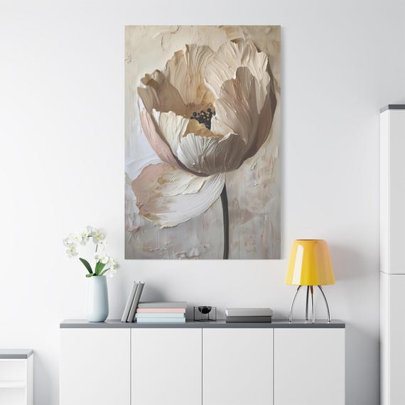 Neutral Cream & Gold Flower Canvas Print - Abstract 2D Texture Floral Art - Impasto Beige Wall Decor - Large Living Room Art