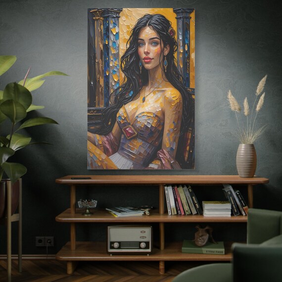 Empress in Amber, Regal Woman Portrait Matte Canvas, Modern Art, Living Room Art, Glam Wall Art, Abstract Portraiture, Baroque Style.