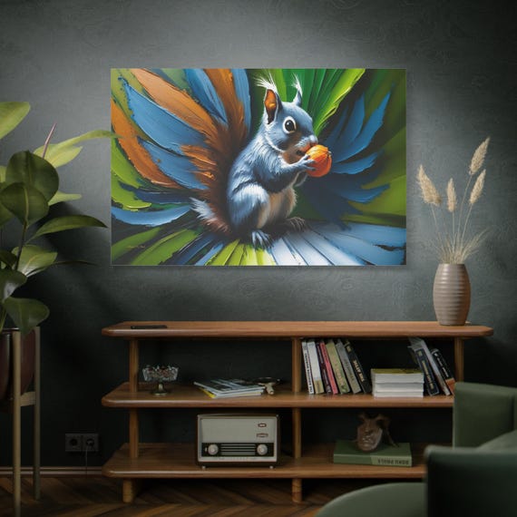 Nutty Impasto,  Squirrel Eating Nut Matte Canvas, Kids Room, Nursery Decor, Playful Decor, Gift for Kids, Forest Nursery, Whimsical Art.