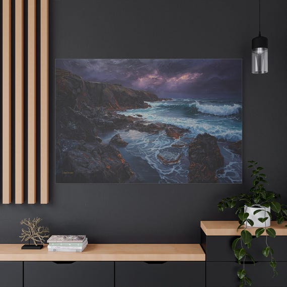 Moody Seascape Canvas Print - Dramatic Ocean Wave Art - Dark Coastal Wall Decor - Impasto Rock Print - Stormy Beach Landscape - Navy Blue