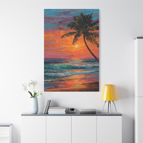 Vertical Palm Tree Sunset Canvas Print - Tropical Beach Wall Art - Orange & Purple Sky Painting - Impasto Style Coastal Decor - Bathroom Art