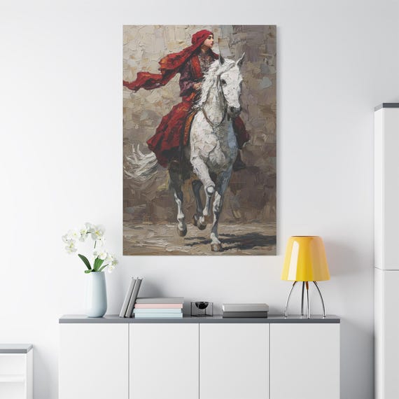 Crimson Wind, White Steed, Art Canvas, Horse Lover Gift, Rustic Home Decor, Wall Art for Living Room, Gallery Style Canvas.