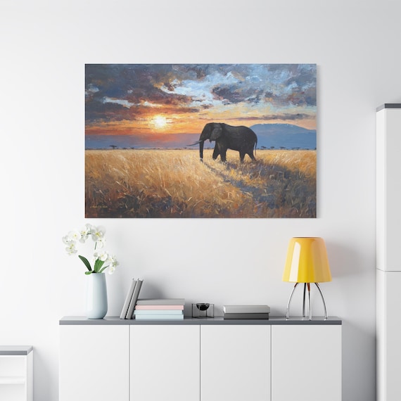 African Elephant Canvas Print - Safari Landscape Wall Art - Impasto Wildlife Print - Sunset Savanna Decor - Warm Earth Tones - Kilimanjaro